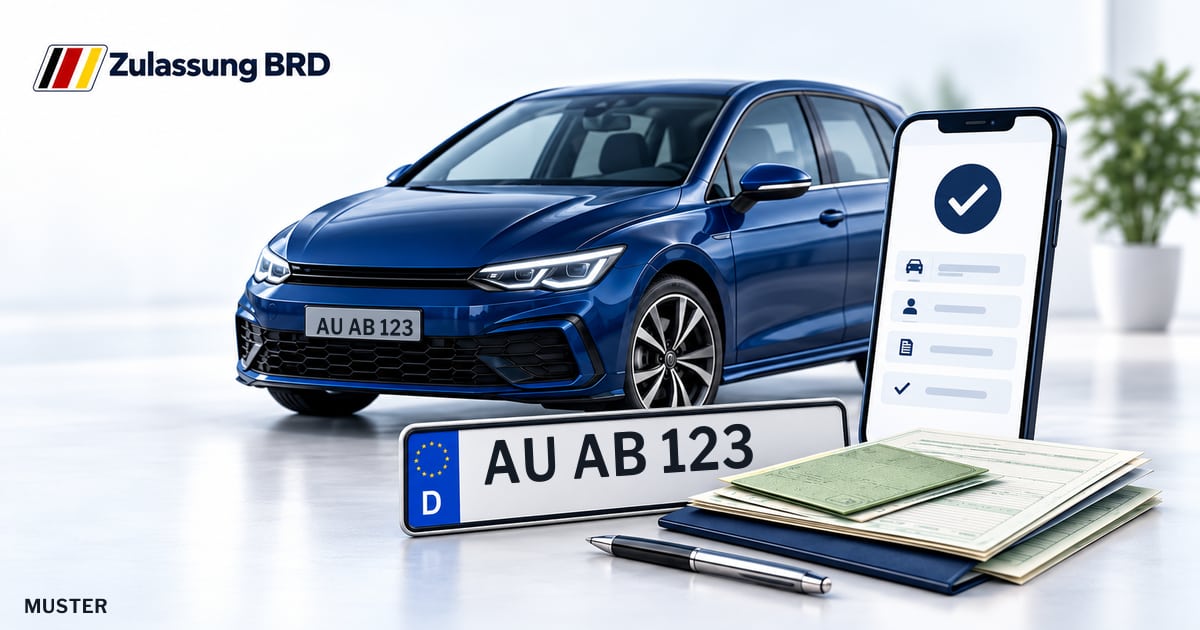 Online Fahrzeugzulassung in Schwarzenberg/Erzgeb.: Musterkennzeichen AU AB 123, Auto und Fahrzeugpapiere und Smartphone. Illustration mit Logo von Zulassung BRD.